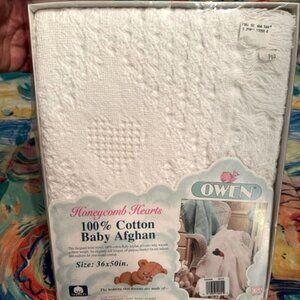 NOS Owen Cotton Baby Blanket Afghan Throw Woven Honeycomb Fringe White USA Made